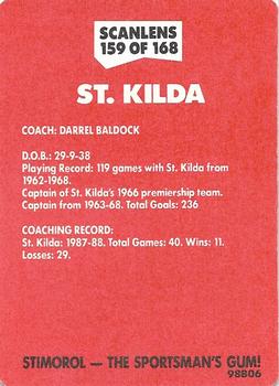 1989 Scanlens VFL #159 Darrel Baldock Back